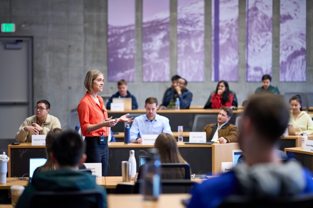 Full-Time MBA ranking by Princeton Review. Photo includes female professor in classroom.