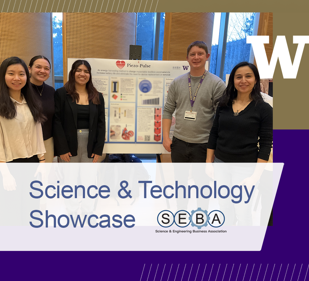 A group of five students stands in front of a research poster titled "Piezo-Pulse" at a Science & Technology Showcase event.