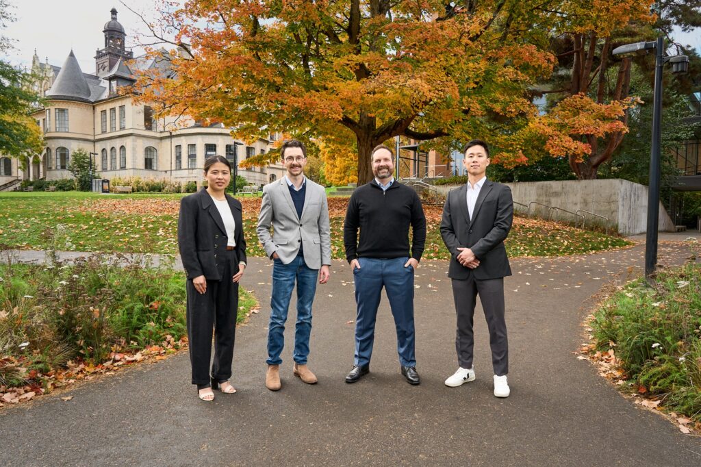 The UW Climate Risk lab team (from left to right) Xiaojuan Liu, Eric Collins, Phillip Bruner, Simon Park