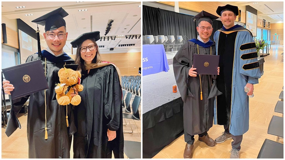 On the left, Samuel Yang and Professor Christina Nichols, and on the right with Professor Matt van Winkle, at graduation.