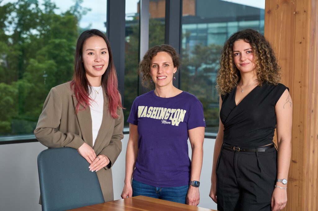 MSBA student Aviva Yang, Foster School of Business mentor Deanna Wheaton, and MSBA student Aneta Baloyan