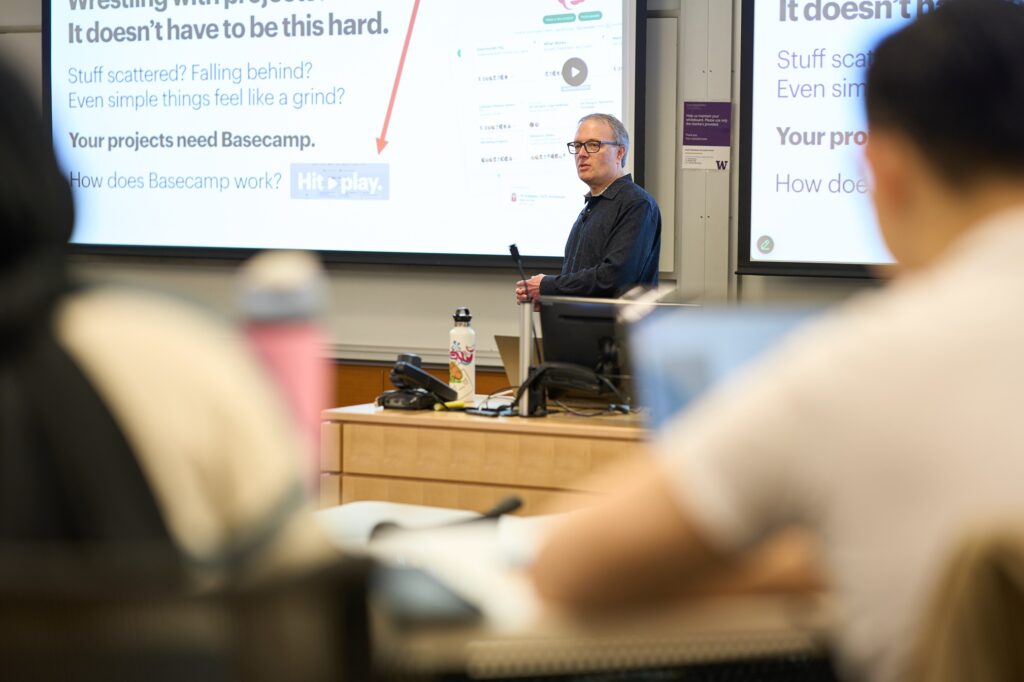 Classroom photo of Ian Lurie teaching aspiring founders in the Foster School’s entrepreneurship program.